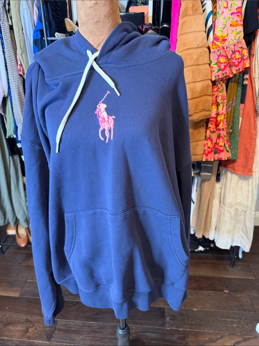 Polo by Ralph Lauren Navy Hoodie with Pink Pony Embroidery